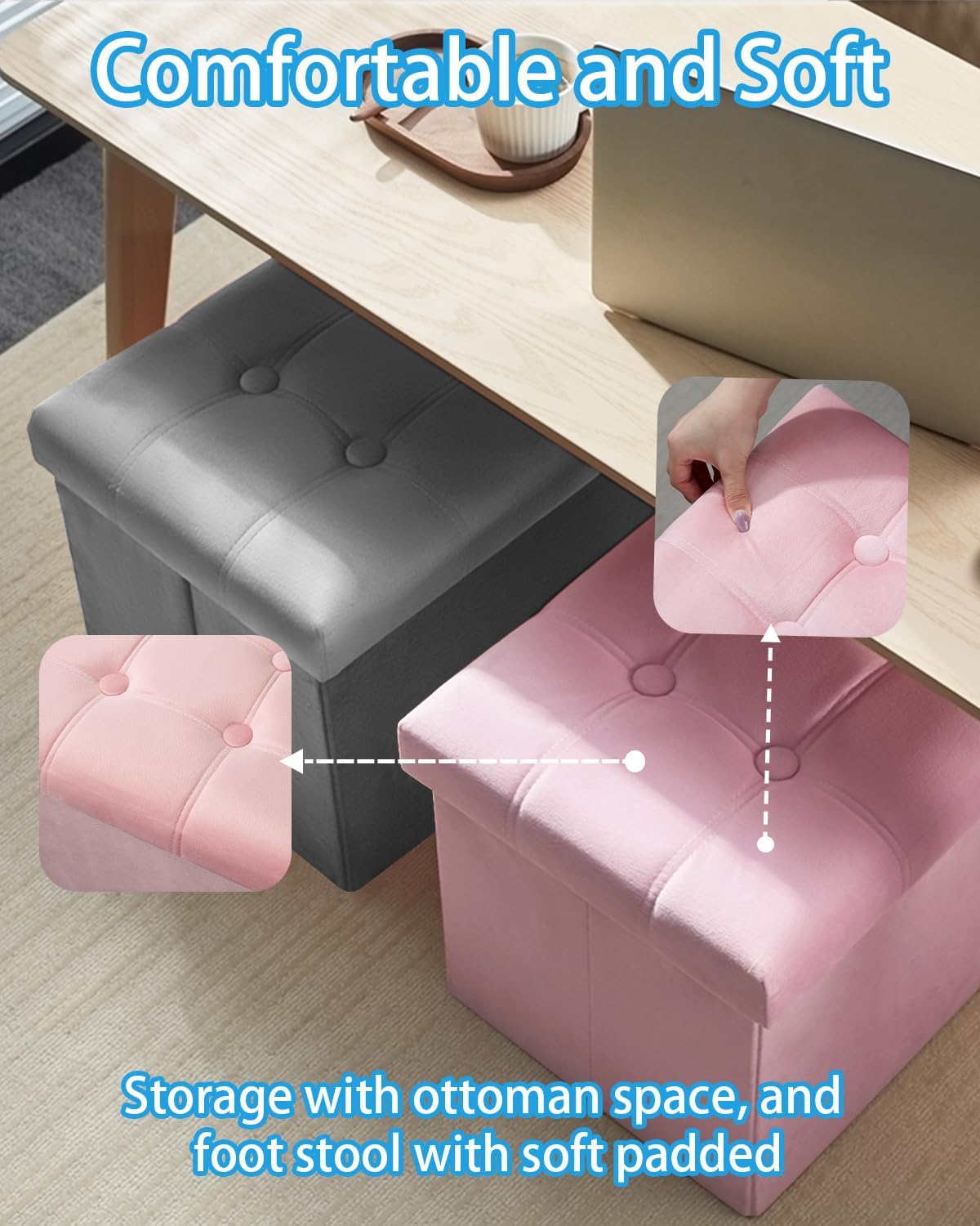 Storage with Ottoman, 17" Velvet Folding Foot Stool, Pink