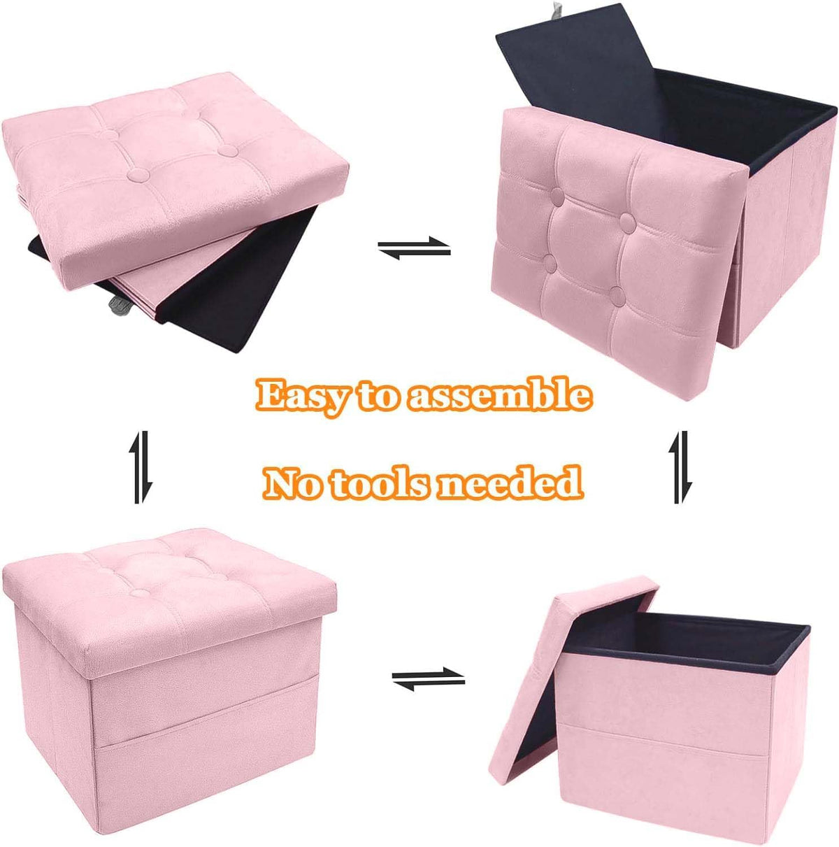 Storage with Ottoman, 17" Velvet Folding Foot Stool, Pink