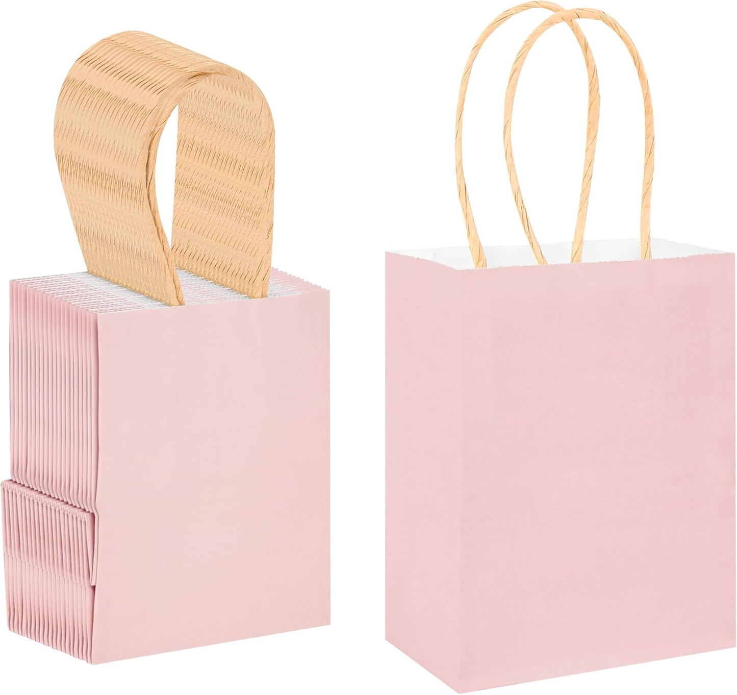 DjinnGlory 60 Pack Mini Pink Paper Bags with Handles Bulk 6.3x4.7x2.75 Inch for Birthday Wedding Baby Shower Party Favors, Treats, Goodies, Christmas Gifts, Tiny Small Business Bags