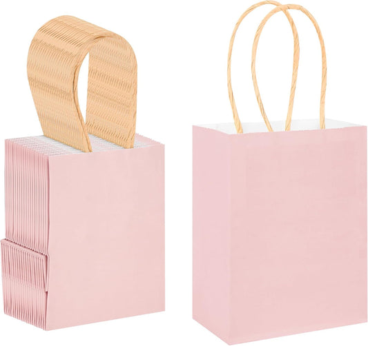 DjinnGlory 60 Pack Mini Pink Paper Bags with Handles Bulk 6.3x4.7x2.75 Inch for Birthday Wedding Baby Shower Party Favors, Treats, Goodies, Christmas Gifts, Tiny Small Business Bags