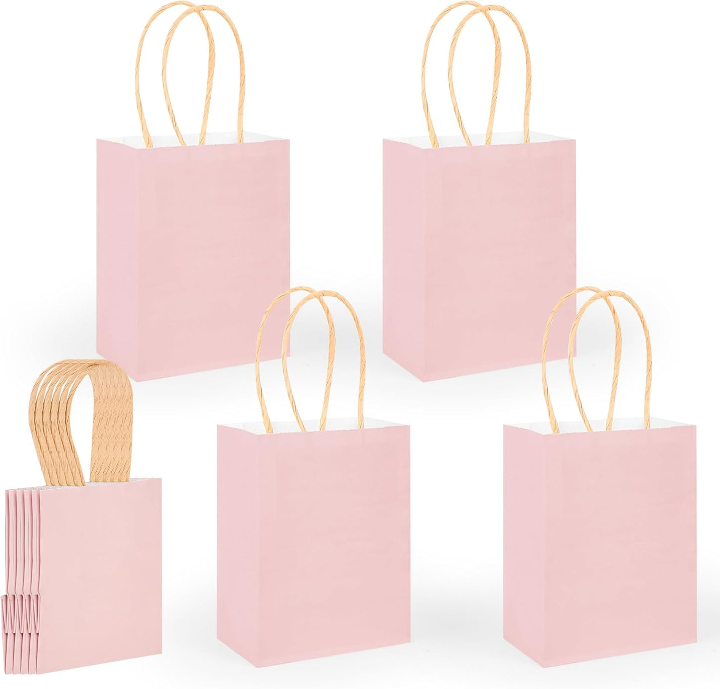 DjinnGlory 60 Pack Mini Pink Paper Bags with Handles Bulk 6.3x4.7x2.75 Inch for Birthday Wedding Baby Shower Party Favors, Treats, Goodies, Christmas Gifts, Tiny Small Business Bags