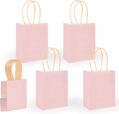 DjinnGlory 60 Pack Mini Pink Paper Bags with Handles Bulk 6.3x4.7x2.75 Inch for Birthday Wedding Baby Shower Party Favors, Treats, Goodies, Christmas Gifts, Tiny Small Business Bags