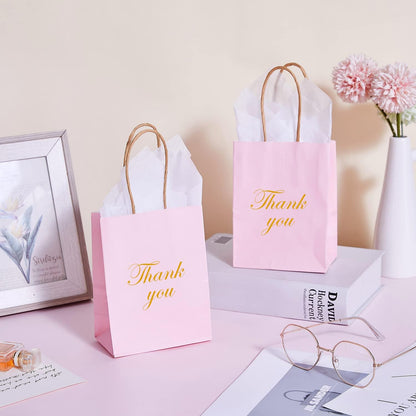 DjinnGlory 60 Pack Mini Pink Paper Bags with Handles Bulk 6.3x4.7x2.75 Inch for Birthday Wedding Baby Shower Party Favors, Treats, Goodies, Christmas Gifts, Tiny Small Business Bags
