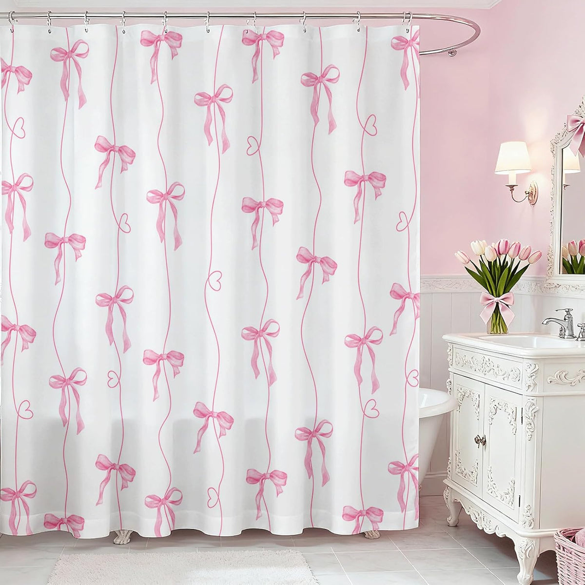 Pink Bow Shower Curtain for Bathroom, Coquette Cute Shower Curtain for Girls Women Waterproof Fabric Bow Bathroom Decor Bath Curtain with 12 Hooks, 72 X 72 Inch