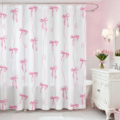Pink Bow Shower Curtain for Bathroom, Coquette Cute Shower Curtain for Girls Women Waterproof Fabric Bow Bathroom Decor Bath Curtain with 12 Hooks, 72 X 72 Inch