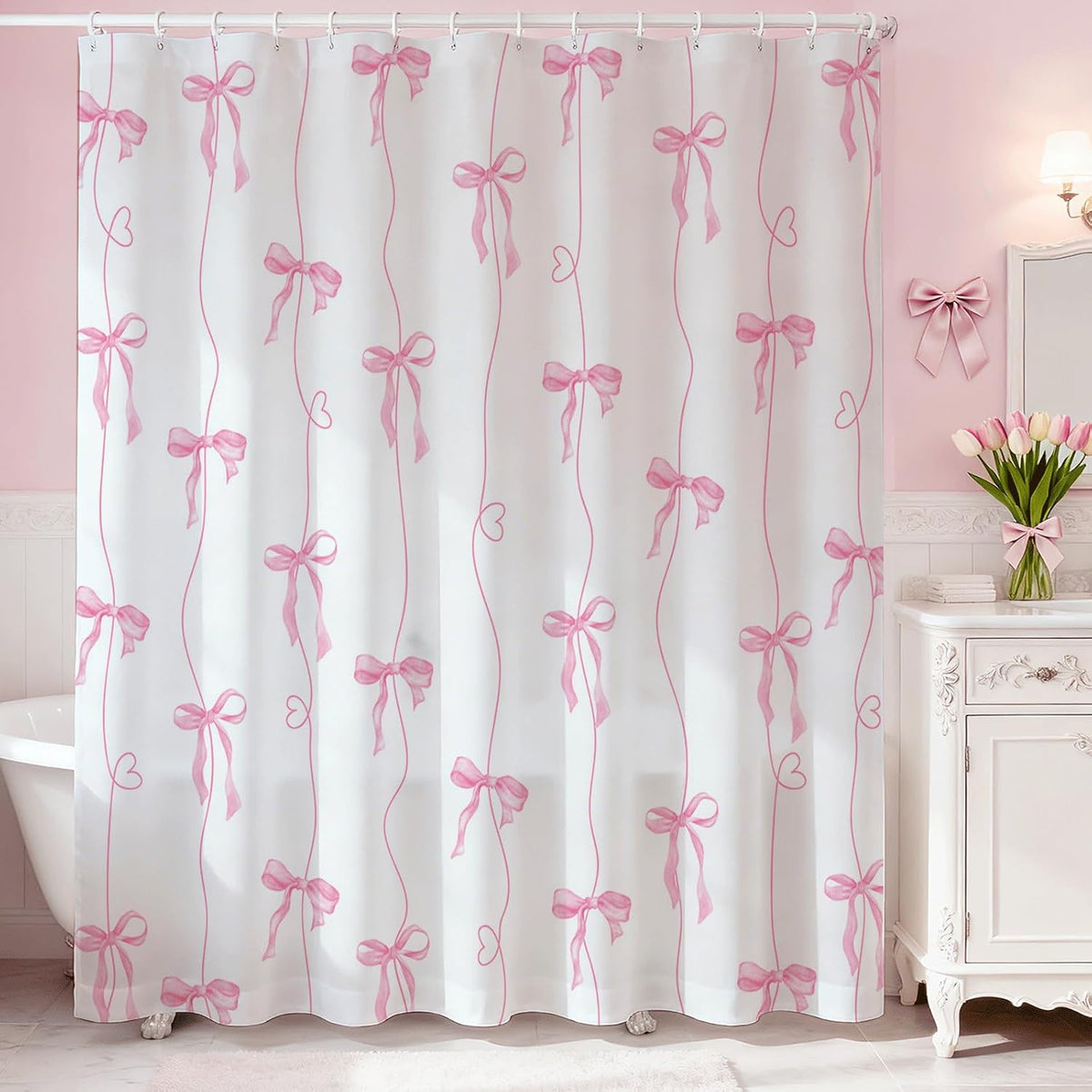 Pink Bow Shower Curtain for Bathroom, Coquette Cute Shower Curtain for Girls Women Waterproof Fabric Bow Bathroom Decor Bath Curtain with 12 Hooks, 72 X 72 Inch