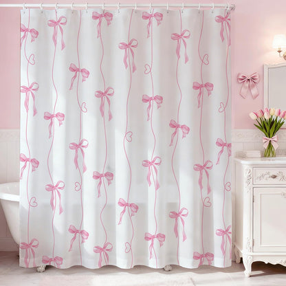 Pink Bow Shower Curtain for Bathroom, Coquette Cute Shower Curtain for Girls Women Waterproof Fabric Bow Bathroom Decor Bath Curtain with 12 Hooks, 72 X 72 Inch