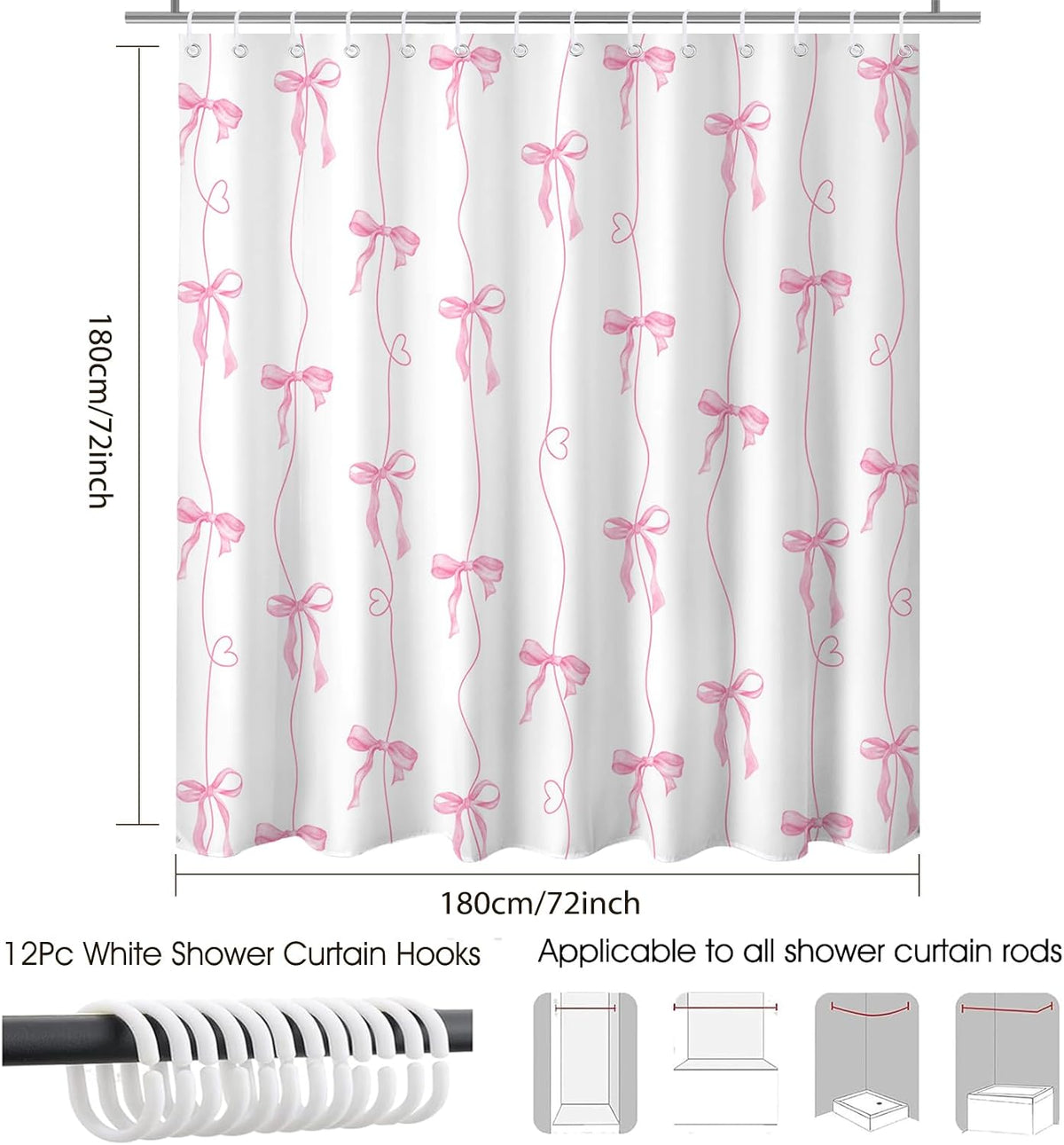 Pink Bow Shower Curtain for Bathroom, Coquette Cute Shower Curtain for Girls Women Waterproof Fabric Bow Bathroom Decor Bath Curtain with 12 Hooks, 72 X 72 Inch
