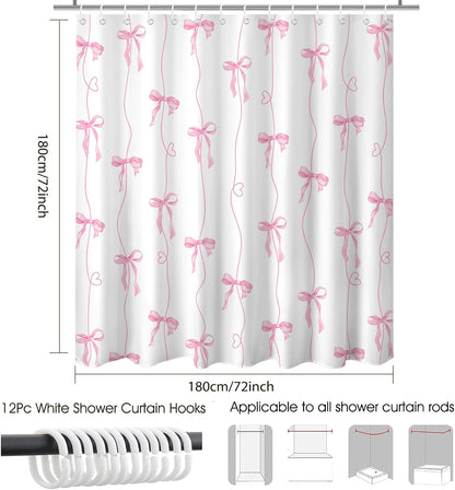 Pink Bow Shower Curtain for Bathroom, Coquette Cute Shower Curtain for Girls Women Waterproof Fabric Bow Bathroom Decor Bath Curtain with 12 Hooks, 72 X 72 Inch