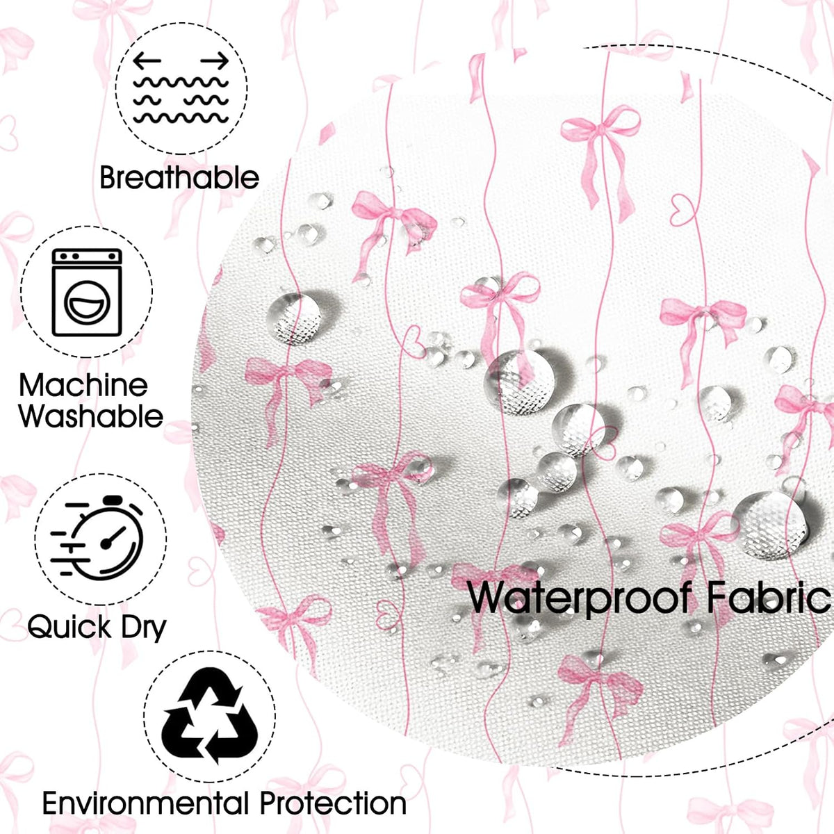 Pink Bow Shower Curtain for Bathroom, Coquette Cute Shower Curtain for Girls Women Waterproof Fabric Bow Bathroom Decor Bath Curtain with 12 Hooks, 72 X 72 Inch