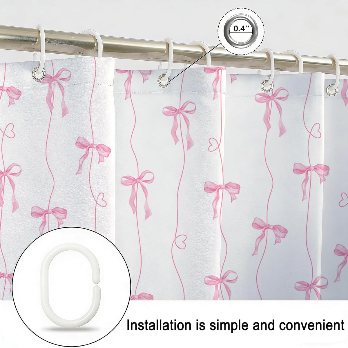 Pink Bow Shower Curtain for Bathroom, Coquette Cute Shower Curtain for Girls Women Waterproof Fabric Bow Bathroom Decor Bath Curtain with 12 Hooks, 72 X 72 Inch