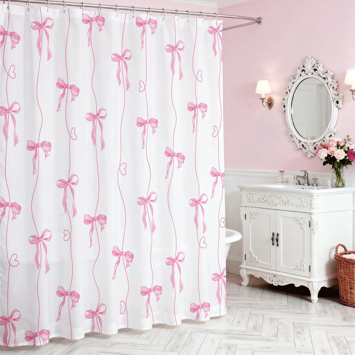 Pink Bow Shower Curtain for Bathroom, Coquette Cute Shower Curtain for Girls Women Waterproof Fabric Bow Bathroom Decor Bath Curtain with 12 Hooks, 72 X 72 Inch