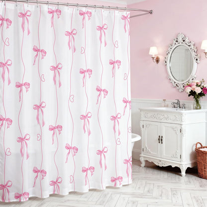Pink Bow Shower Curtain for Bathroom, Coquette Cute Shower Curtain for Girls Women Waterproof Fabric Bow Bathroom Decor Bath Curtain with 12 Hooks, 72 X 72 Inch