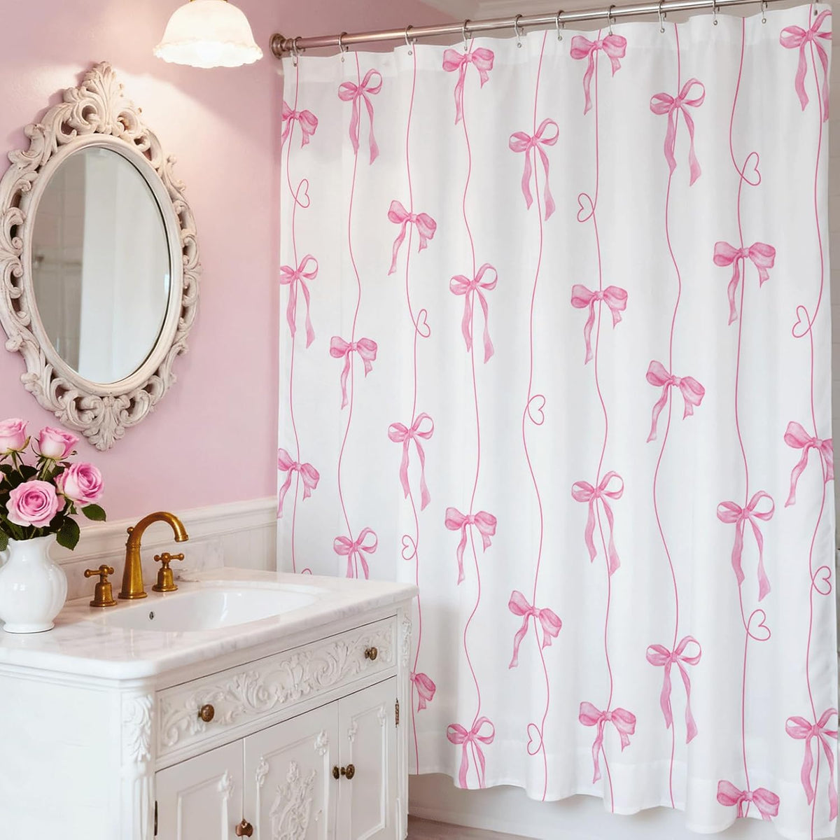 Pink Bow Shower Curtain for Bathroom, Coquette Cute Shower Curtain for Girls Women Waterproof Fabric Bow Bathroom Decor Bath Curtain with 12 Hooks, 72 X 72 Inch