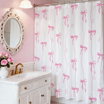 Pink Bow Shower Curtain for Bathroom, Coquette Cute Shower Curtain for Girls Women Waterproof Fabric Bow Bathroom Decor Bath Curtain with 12 Hooks, 72 X 72 Inch