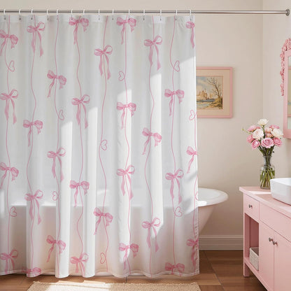 Pink Bow Shower Curtain for Bathroom, Coquette Cute Shower Curtain for Girls Women Waterproof Fabric Bow Bathroom Decor Bath Curtain with 12 Hooks, 72 X 72 Inch