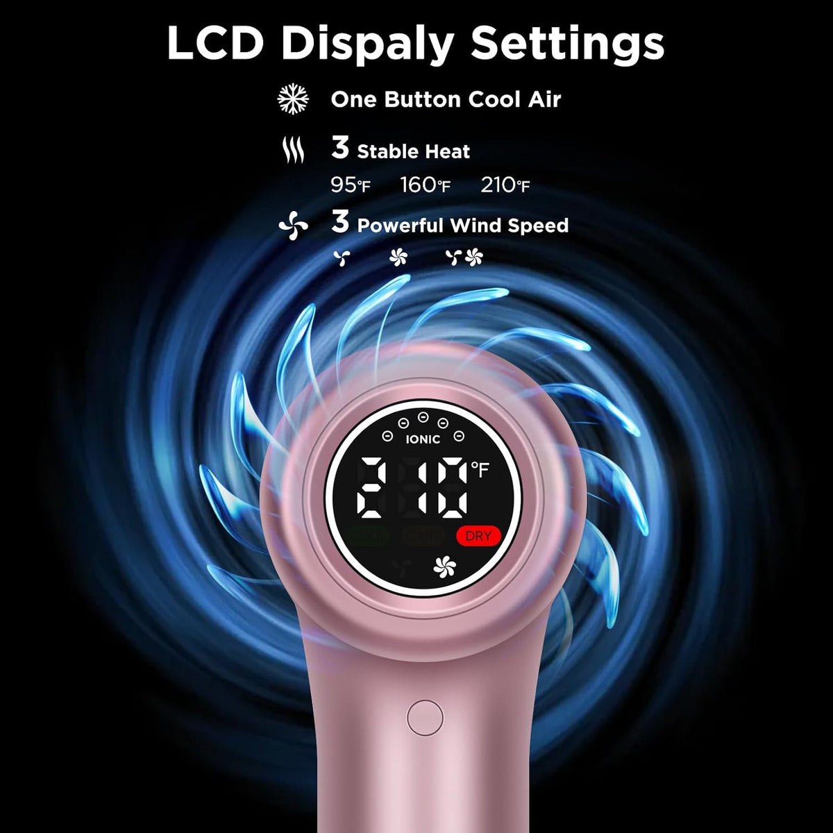 IG Hair Dryer with Diffuser for Women, 1300W Ionic Blow Dryer with LCD Display, 3 Temps & 3 Speeds High-Speed Travel Hair Dryer with One Button Cool Air, Slim&Lightwight, Store Bag, Rose Pink