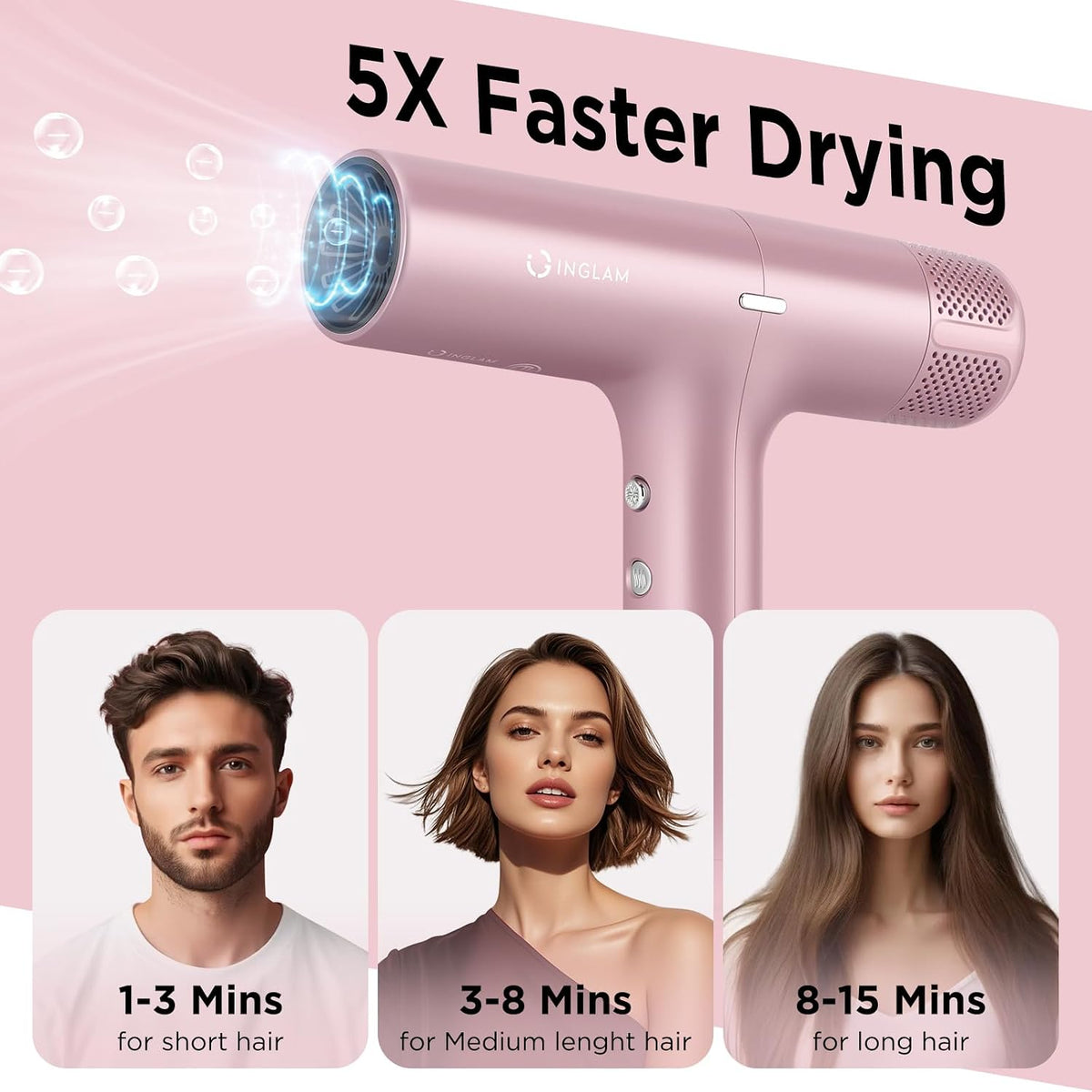 IG Hair Dryer with Diffuser for Women, 1300W Ionic Blow Dryer with LCD Display, 3 Temps & 3 Speeds High-Speed Travel Hair Dryer with One Button Cool Air, Slim&Lightwight, Store Bag, Rose Pink