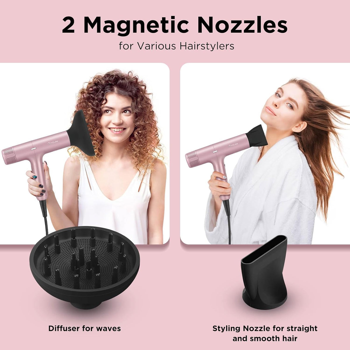 IG Hair Dryer with Diffuser for Women, 1300W Ionic Blow Dryer with LCD Display, 3 Temps & 3 Speeds High-Speed Travel Hair Dryer with One Button Cool Air, Slim&Lightwight, Store Bag, Rose Pink