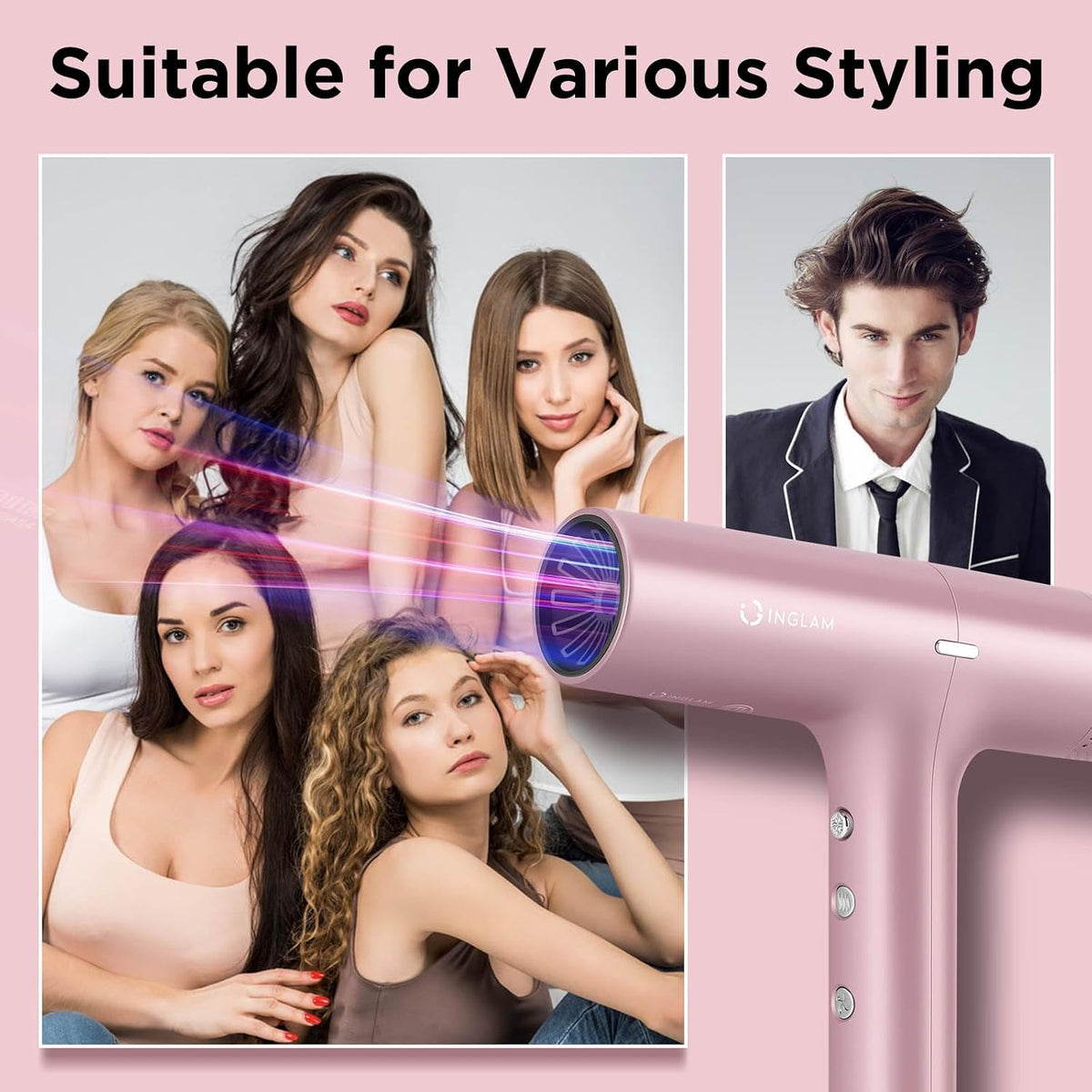 IG Hair Dryer with Diffuser for Women, 1300W Ionic Blow Dryer with LCD Display, 3 Temps & 3 Speeds High-Speed Travel Hair Dryer with One Button Cool Air, Slim&Lightwight, Store Bag, Rose Pink