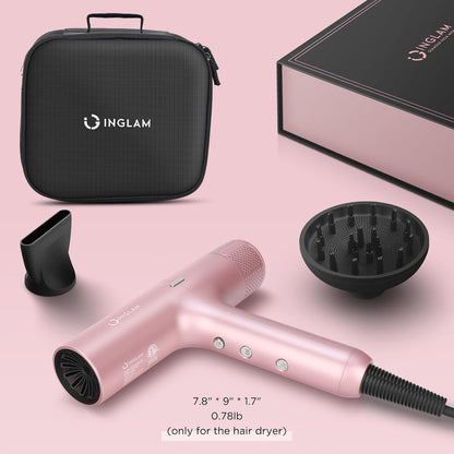 IG Hair Dryer with Diffuser for Women, 1300W Ionic Blow Dryer with LCD Display, 3 Temps & 3 Speeds High-Speed Travel Hair Dryer with One Button Cool Air, Slim&Lightwight, Store Bag, Rose Pink