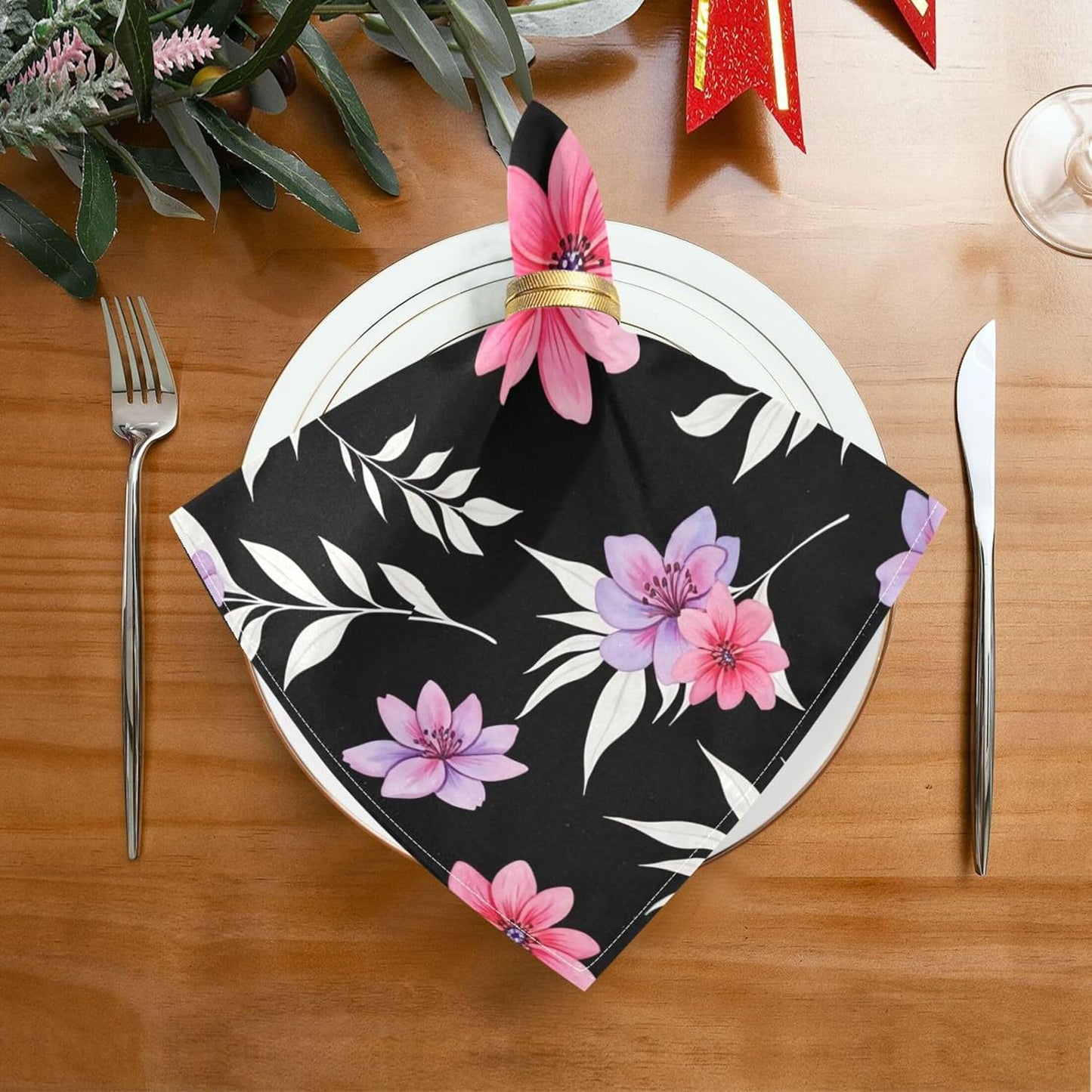 Cloth Napkins Set of 6, Pink Flowers Dinner Napkins Washable Table Napkins Ideal for Parties Weddings, 20x20 Inches