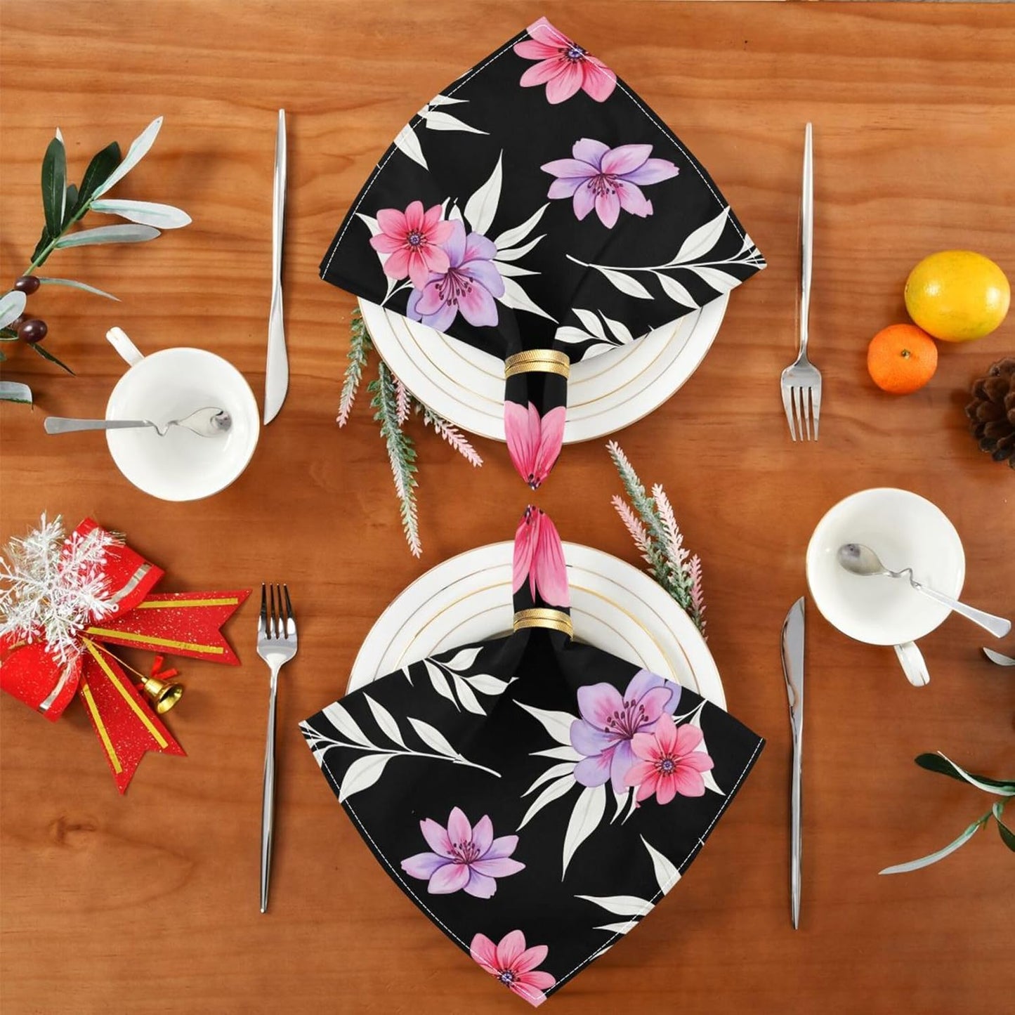 Cloth Napkins Set of 6, Pink Flowers Dinner Napkins Washable Table Napkins Ideal for Parties Weddings, 20x20 Inches