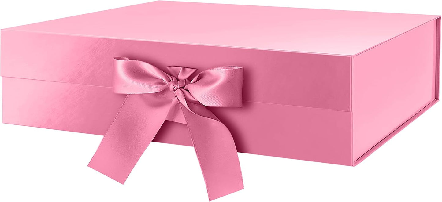 Large Gift Box with Lid for Presents 13x9.7x3.4 Inches, Pink Magnetic with Ribbon Luxury Gift Box, Bridesmaid Proposal Box (Glossy Pink)