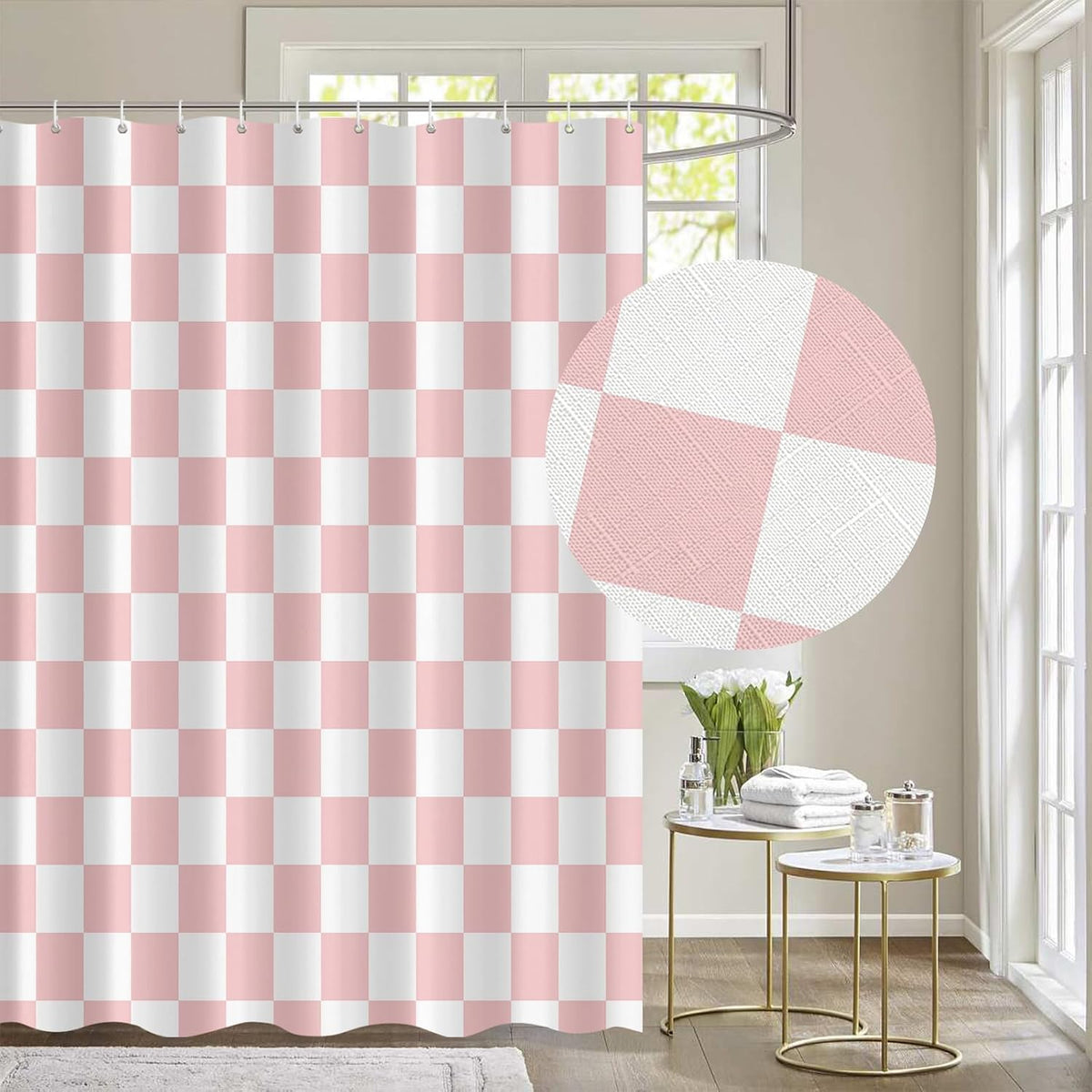 Aesthetic Checkerboard Grid Pattern Faux Linen Fabric Shower Curtain, White Blush Pink Modern Shower Curtain Sets Decoration 71x71 Inch with 12 Hooks