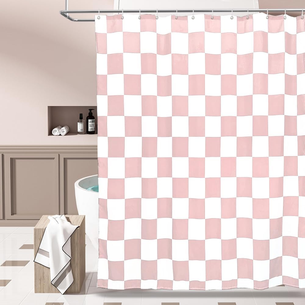Aesthetic Checkerboard Grid Pattern Faux Linen Fabric Shower Curtain, White Blush Pink Modern Shower Curtain Sets Decoration 71x71 Inch with 12 Hooks