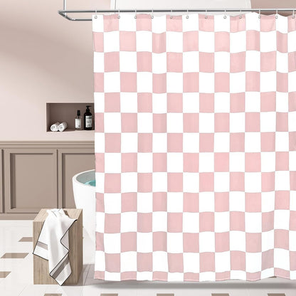 Aesthetic Checkerboard Grid Pattern Faux Linen Fabric Shower Curtain, White Blush Pink Modern Shower Curtain Sets Decoration 71x71 Inch with 12 Hooks