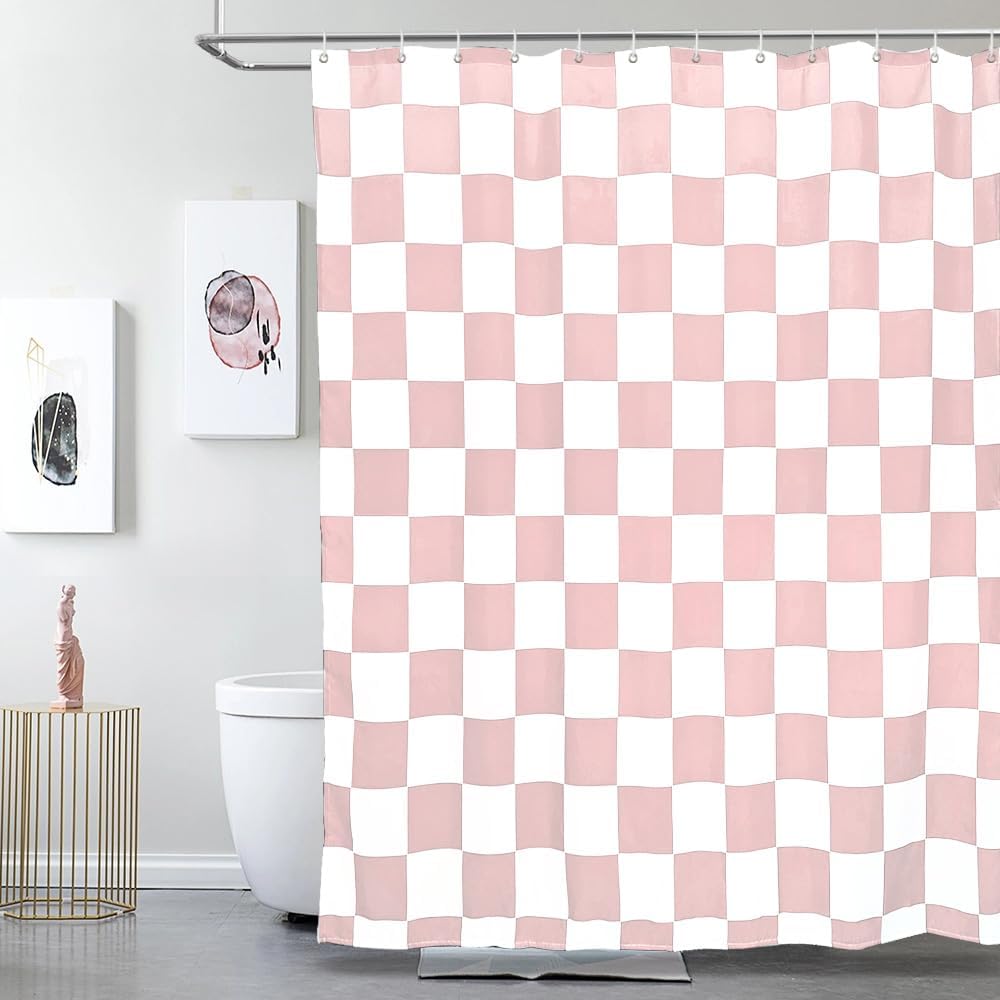 Aesthetic Checkerboard Grid Pattern Faux Linen Fabric Shower Curtain, White Blush Pink Modern Shower Curtain Sets Decoration 71x71 Inch with 12 Hooks