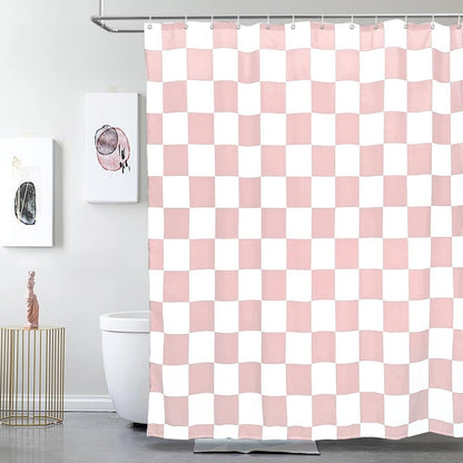 Aesthetic Checkerboard Grid Pattern Faux Linen Fabric Shower Curtain, White Blush Pink Modern Shower Curtain Sets Decoration 71x71 Inch with 12 Hooks