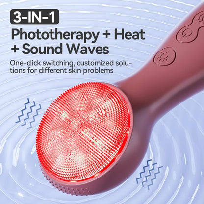 Colorful LED Silicone Face Brush, Sonic Vibration & Heat Sensation(Pink) | Waterproof with 3 Modes & Ergo Handle – Ideal for Travel & Home Spa