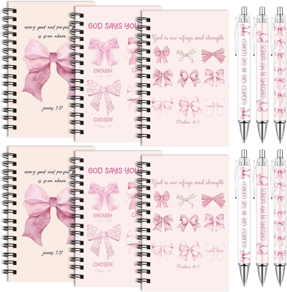 Pink Bow Spiral Notebooks Set 12 Pieces Coquete Bow Journal with Inspirational Bible Ballpoint Pens Christian Scripture Prayer Hardcover Notebook Gifts for Women Office School Church Supplies