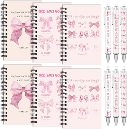 Pink Bow Spiral Notebooks Set 12 Pieces Coquete Bow Journal with Inspirational Bible Ballpoint Pens Christian Scripture Prayer Hardcover Notebook Gifts for Women Office School Church Supplies