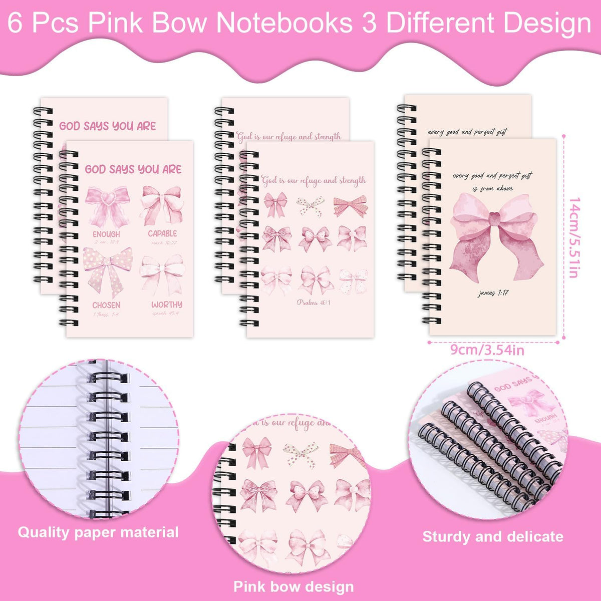 Pink Bow Spiral Notebooks Set 12 Pieces Coquete Bow Journal with Inspirational Bible Ballpoint Pens Christian Scripture Prayer Hardcover Notebook Gifts for Women Office School Church Supplies