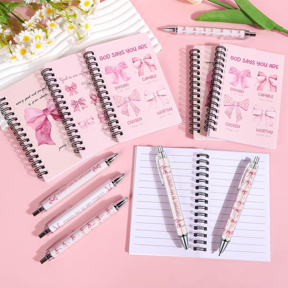 Pink Bow Spiral Notebooks Set 12 Pieces Coquete Bow Journal with Inspirational Bible Ballpoint Pens Christian Scripture Prayer Hardcover Notebook Gifts for Women Office School Church Supplies