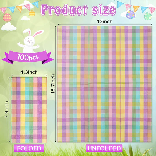 100Pcs Easter Pastel Buffalo Plaid Napkins Decorations,Disposable Spring Dark Purple Pink Yellow Guest Hand Paper Napkins for Home Bathroom Baby Shower Picnic Wedding Easter Birthday Party Supplies