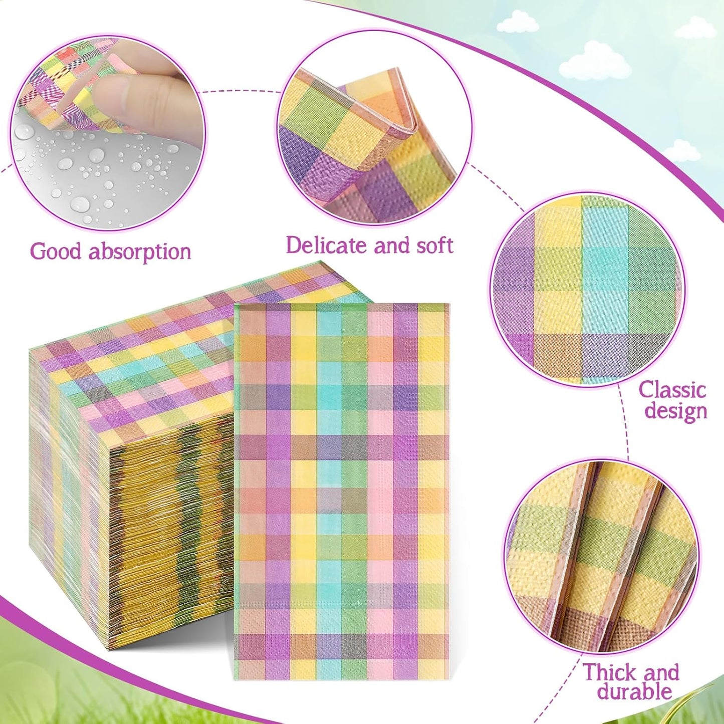 100Pcs Easter Pastel Buffalo Plaid Napkins Decorations,Disposable Spring Dark Purple Pink Yellow Guest Hand Paper Napkins for Home Bathroom Baby Shower Picnic Wedding Easter Birthday Party Supplies