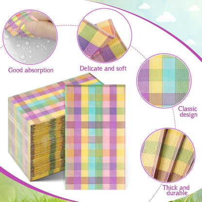 100Pcs Easter Pastel Buffalo Plaid Napkins Decorations,Disposable Spring Dark Purple Pink Yellow Guest Hand Paper Napkins for Home Bathroom Baby Shower Picnic Wedding Easter Birthday Party Supplies