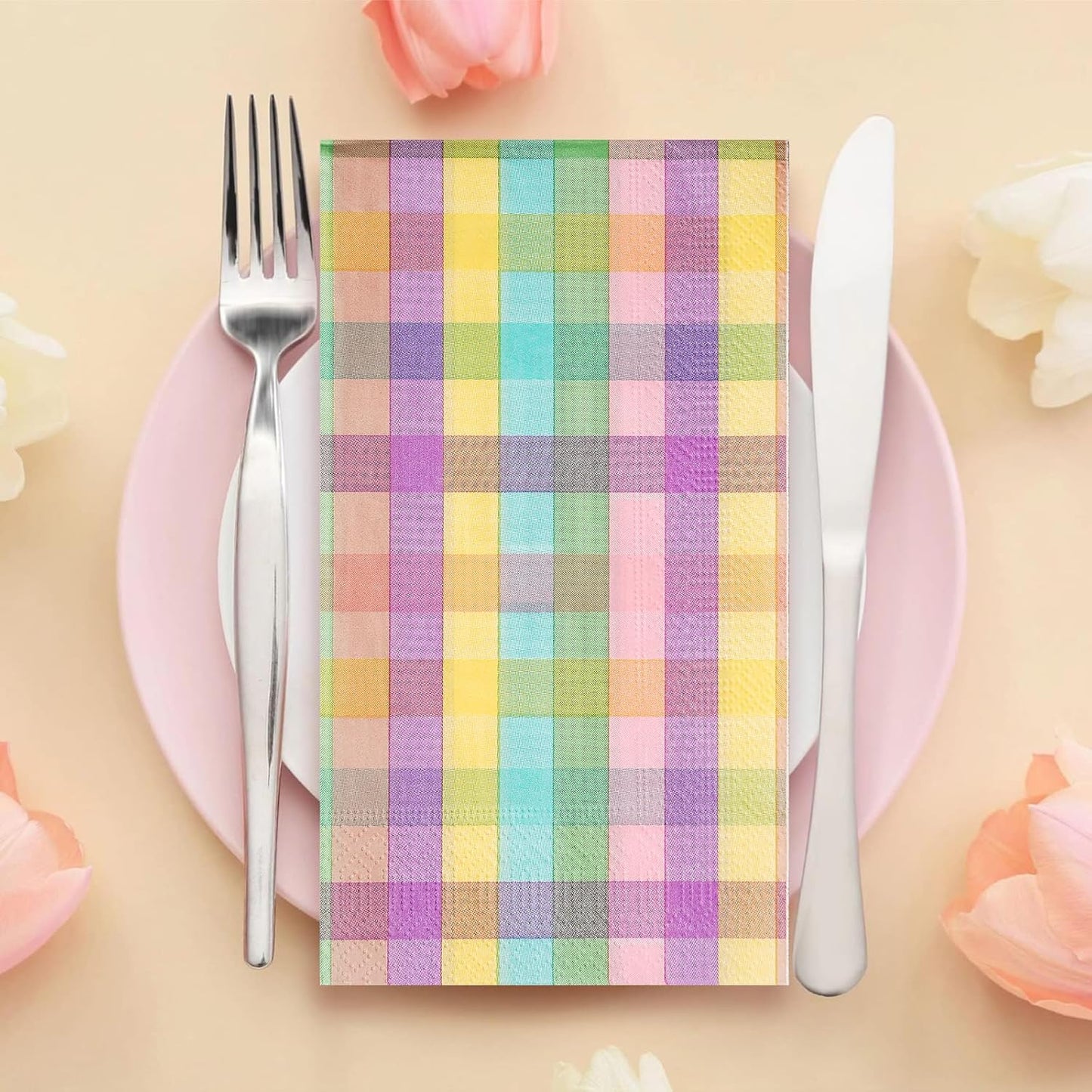 100Pcs Easter Pastel Buffalo Plaid Napkins Decorations,Disposable Spring Dark Purple Pink Yellow Guest Hand Paper Napkins for Home Bathroom Baby Shower Picnic Wedding Easter Birthday Party Supplies