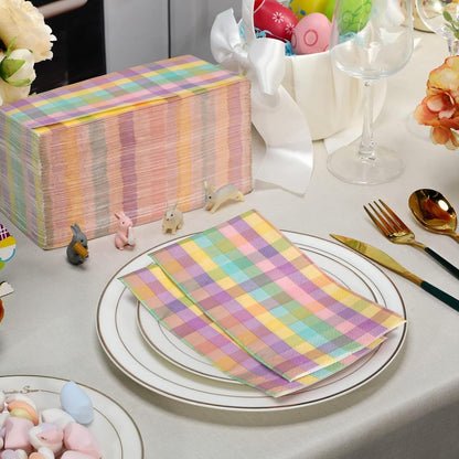 100Pcs Easter Pastel Buffalo Plaid Napkins Decorations,Disposable Spring Dark Purple Pink Yellow Guest Hand Paper Napkins for Home Bathroom Baby Shower Picnic Wedding Easter Birthday Party Supplies