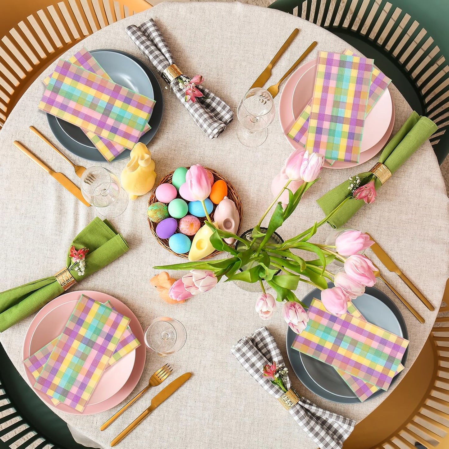100Pcs Easter Pastel Buffalo Plaid Napkins Decorations,Disposable Spring Dark Purple Pink Yellow Guest Hand Paper Napkins for Home Bathroom Baby Shower Picnic Wedding Easter Birthday Party Supplies