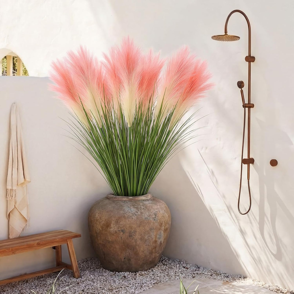 15 Pcs Artificial Pampas Grass 31.5" Pink Gradient Faux Pampas Stems with 3 Plumes Each, Fake Plant for Wedding Arch, Aisle Decor, Bridal Shower, Floor Vase Boho Home Decor