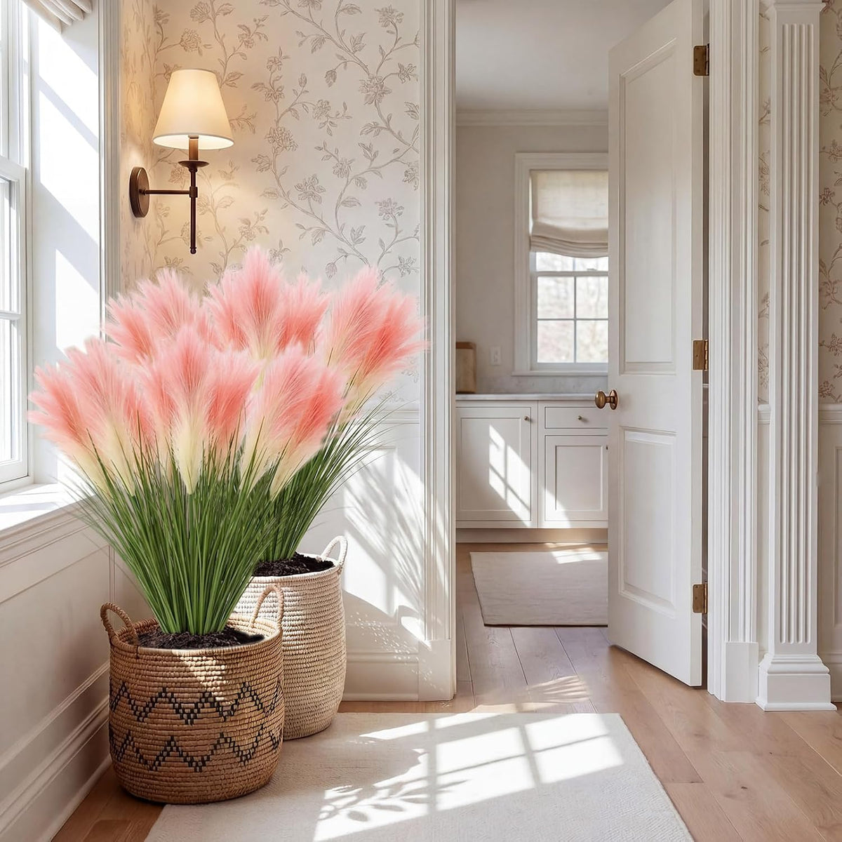 15 Pcs Artificial Pampas Grass 31.5" Pink Gradient Faux Pampas Stems with 3 Plumes Each, Fake Plant for Wedding Arch, Aisle Decor, Bridal Shower, Floor Vase Boho Home Decor