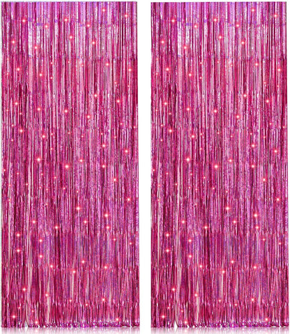 PIGETALE Pink Foil Fringe Curtains, 2 Pack 3.2 x 8.2 ft Party Backdrop