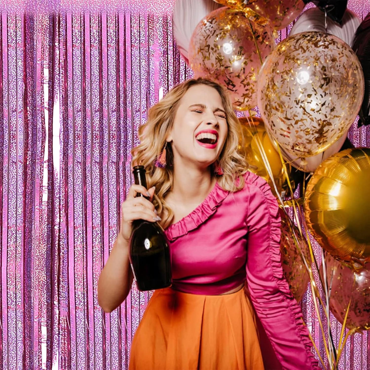 PIGETALE Pink Foil Fringe Curtains, 2 Pack 3.2 x 8.2 ft Party Backdrop