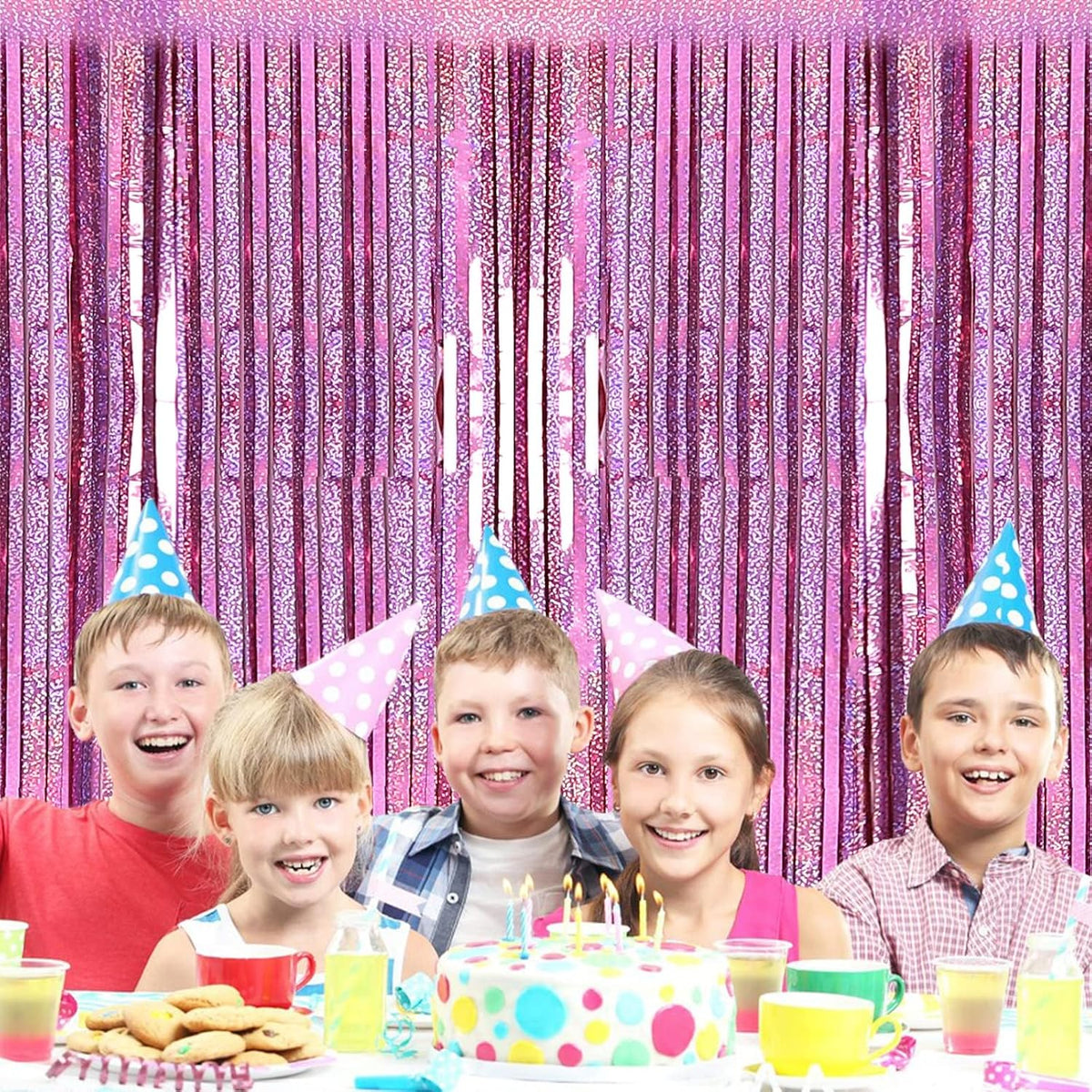 PIGETALE Pink Foil Fringe Curtains, 2 Pack 3.2 x 8.2 ft Party Backdrop