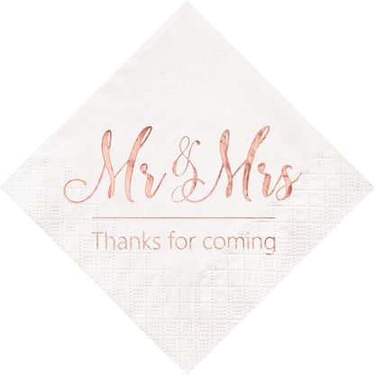 Wedding Napkins Mr Mrs Rose Gold Cocktail Beverage Dessert Napkins for Wedding Tabel Decoration Engagement Party Supplies, 100 Pcs, 3-Ply